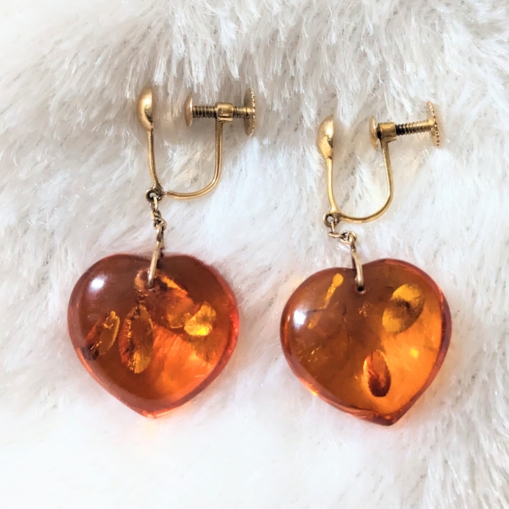 Vintage Amber Heart Screw back Earrings